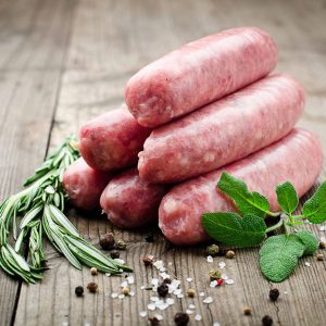 Pork Sausages with smokey bacon, rocket & garlic
